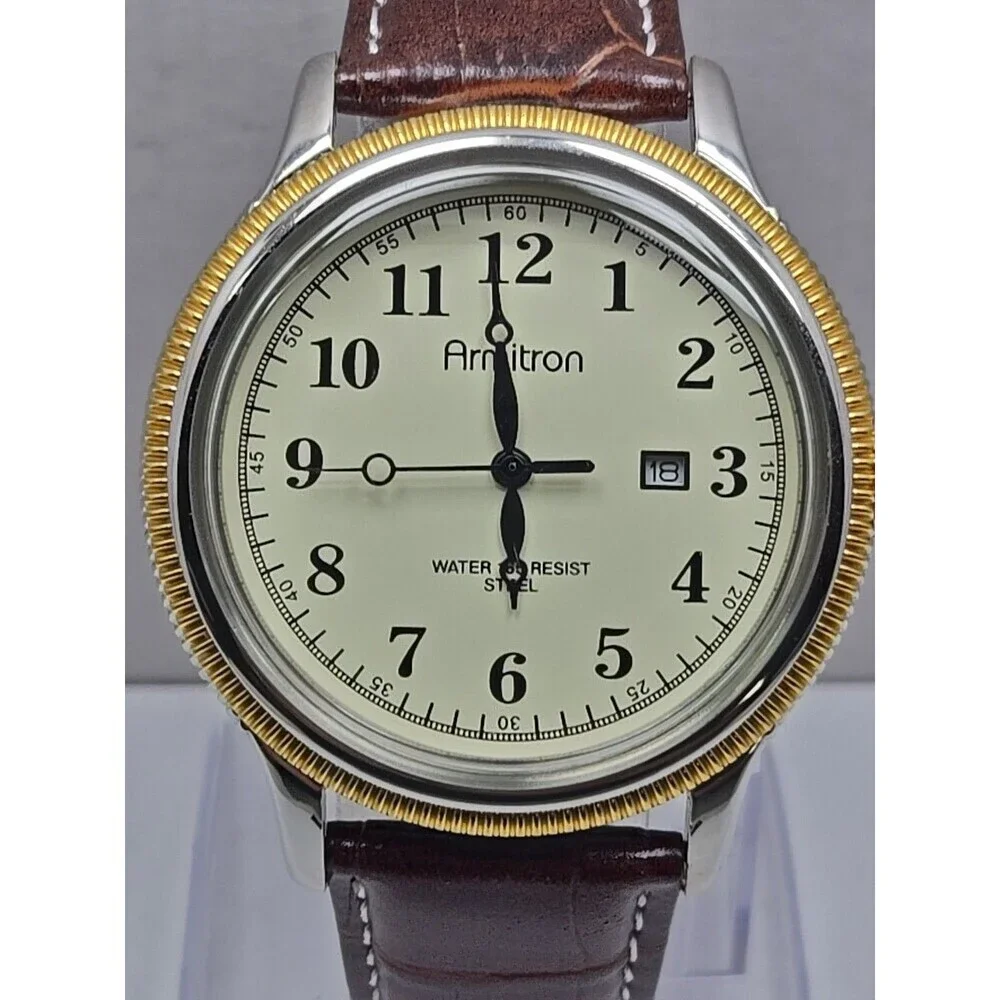 Armitron Mens Dress Watch Date Two Tone Coin Bezel Brown Leather New Battery